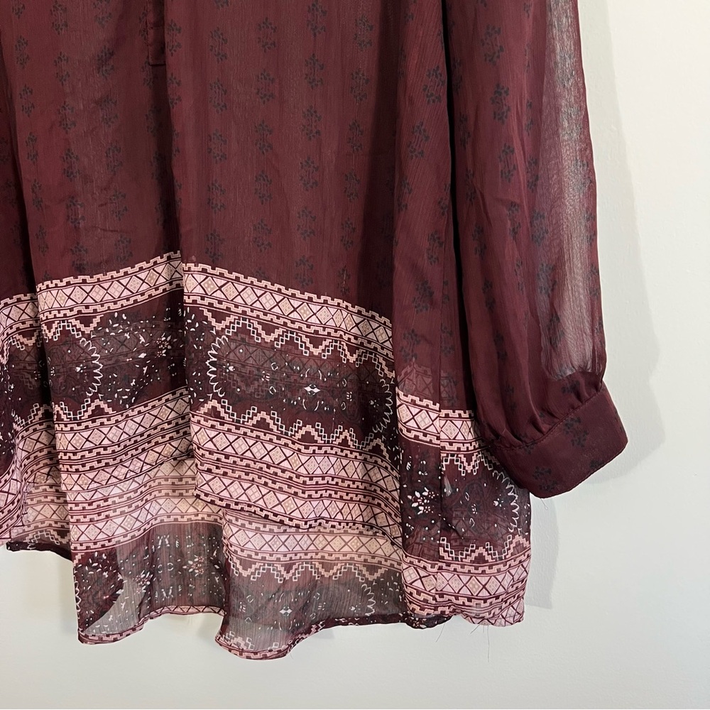 Knox Rose Boho Tunic Top Size 1X Maroon Sheer Collarless Long Sleeve Henley - Picture 5 of 14